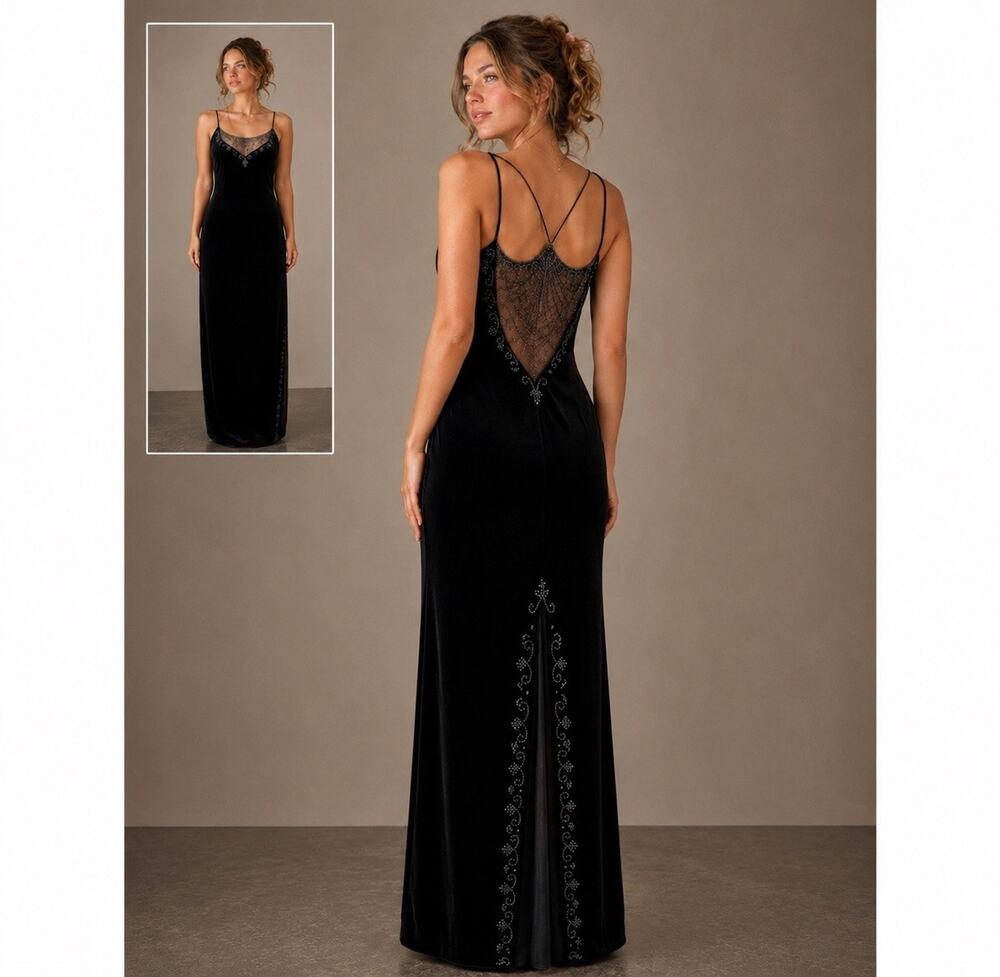 Vintage Dave & Johnny by Laura Riner Black Velvet Beaded Evening Gown Size 9/10